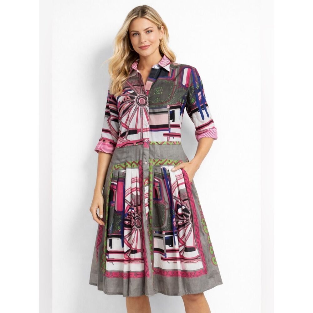 Dizzy Lizzie Scarf Print Cotton Shirt Dress Pleated Midi Pink Gray Sz S